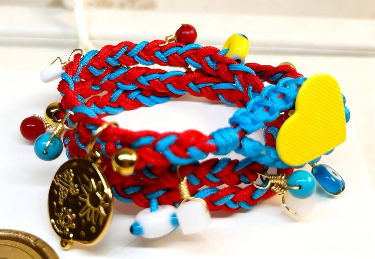 Woven Bracelet ft Steel, Murano, Pearls and Charms - RED/BLUE