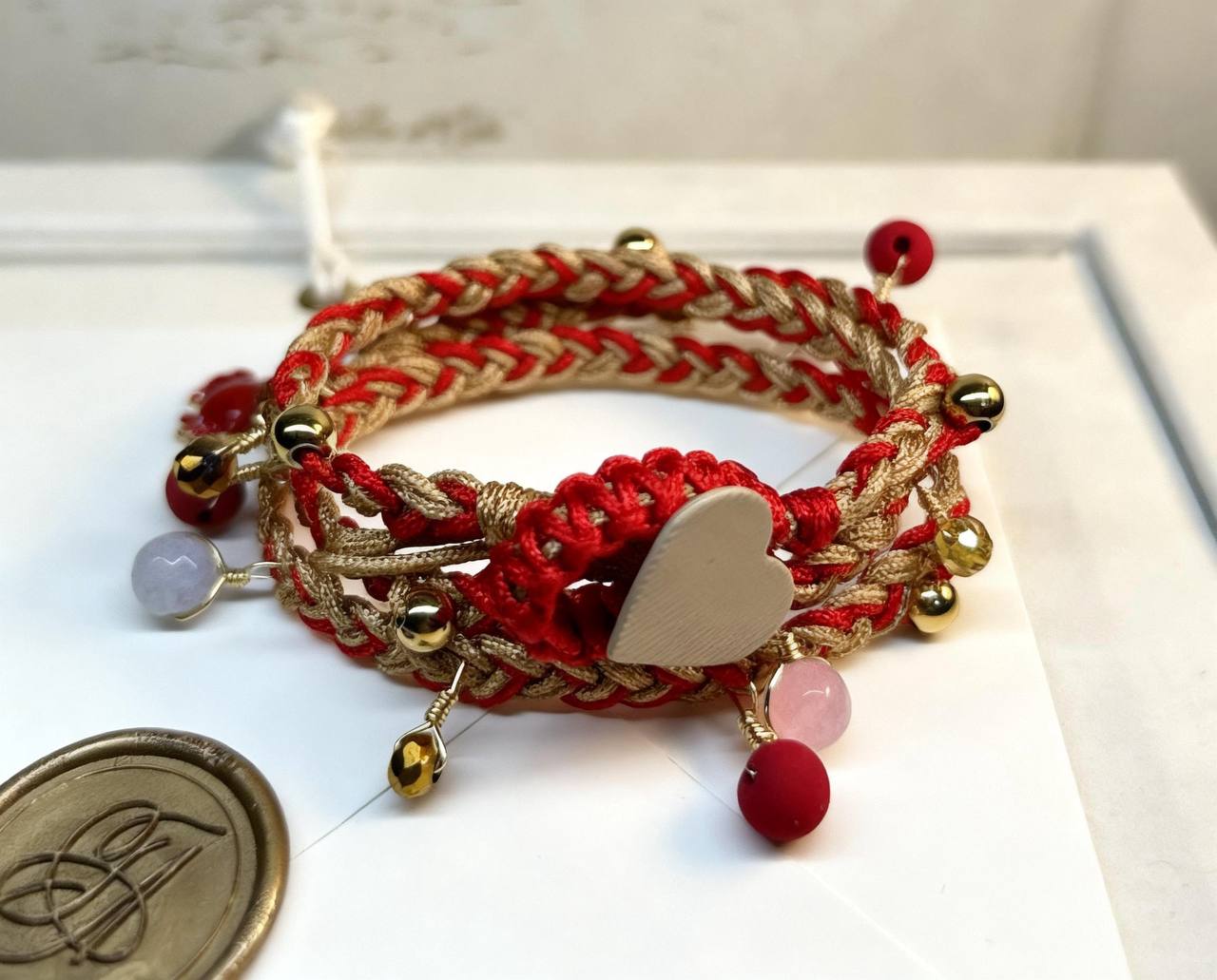 Woven Bracelet ft Steel, Murano, Pearls and Charms - RED/BEIGE