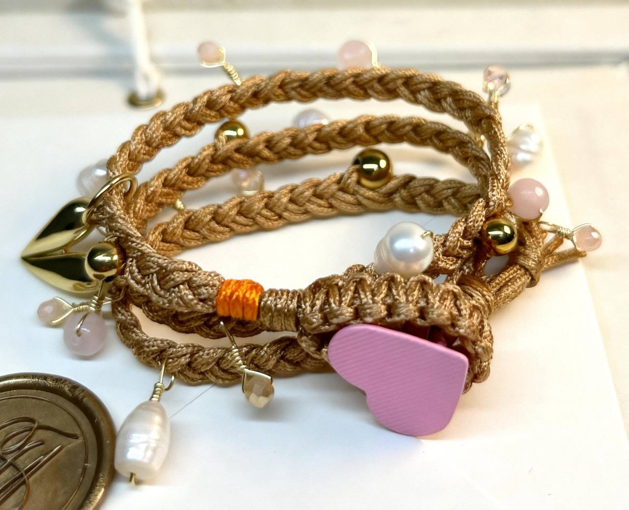 Woven Bracelet ft Steel, Murano, Pearls and Charms - BEIGE
