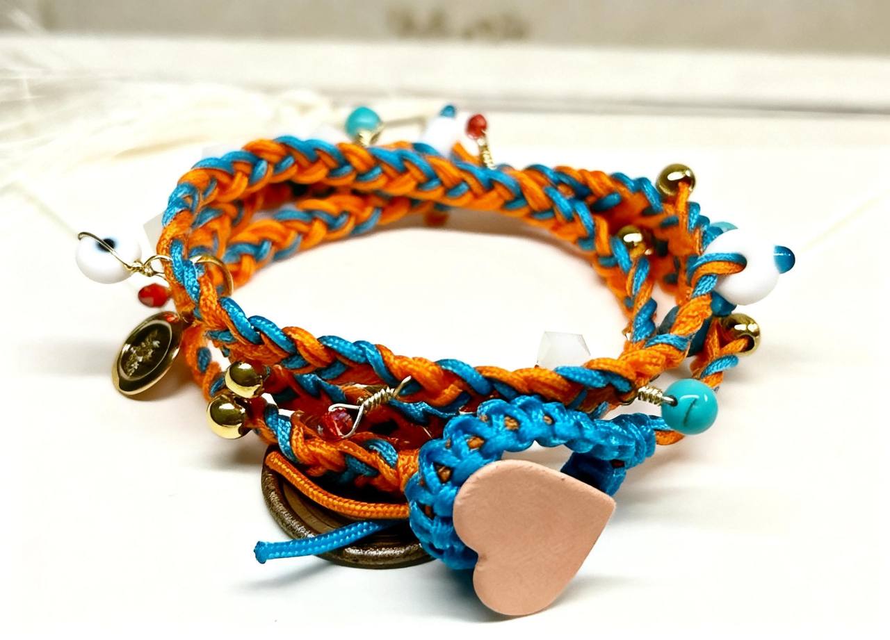 Woven Bracelet ft Steel, Murano, Pearls and Charms - ORANGE/BLUE