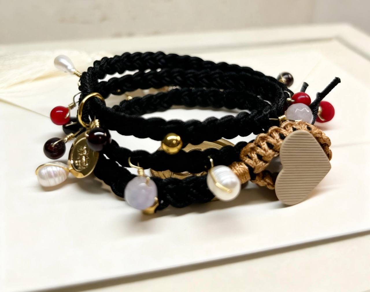 Woven Bracelet ft Steel, Murano, Pearls and Charms - BLACK