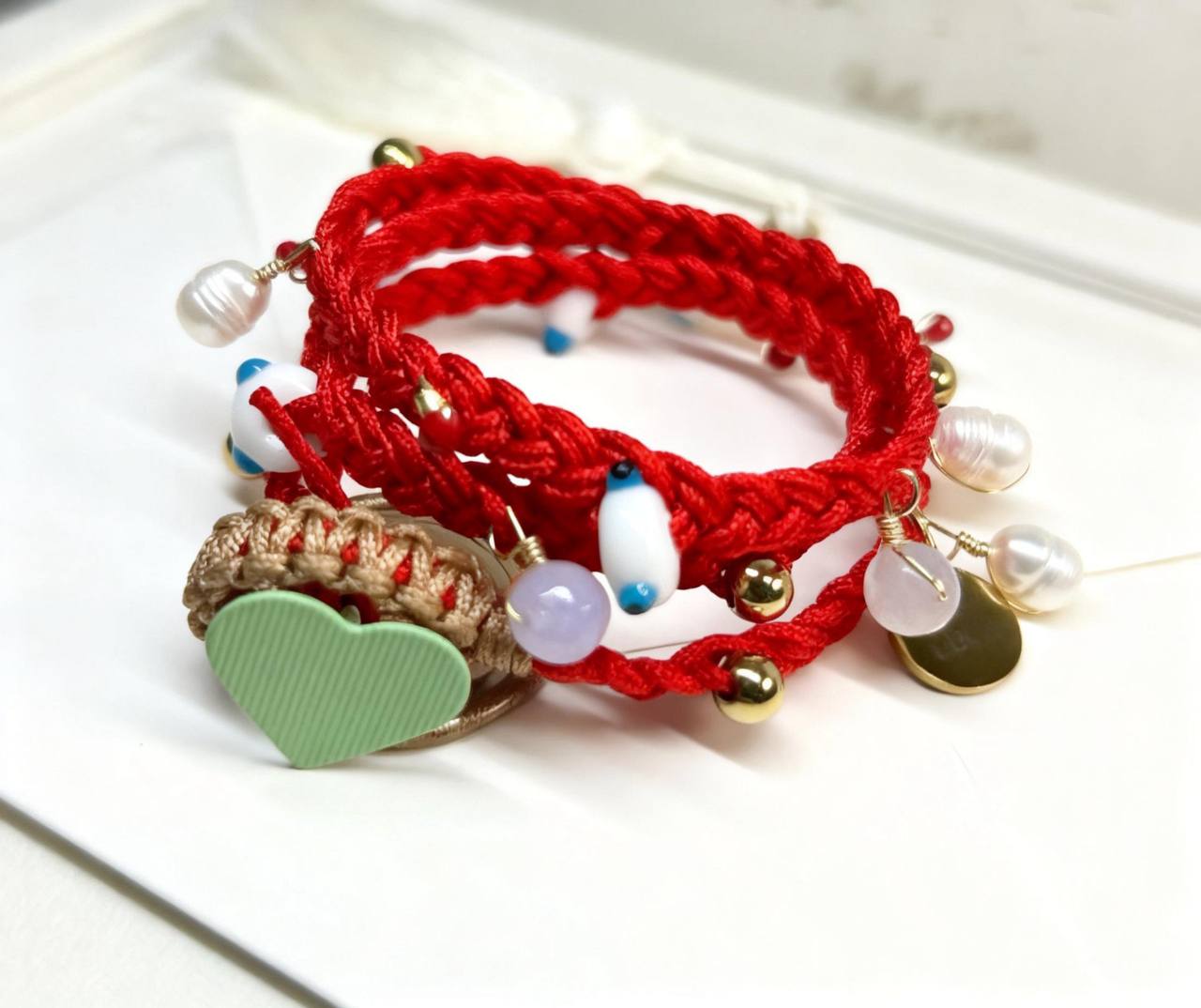 Woven Bracelet ft Steel, Murano, Pearls and Charms - RED