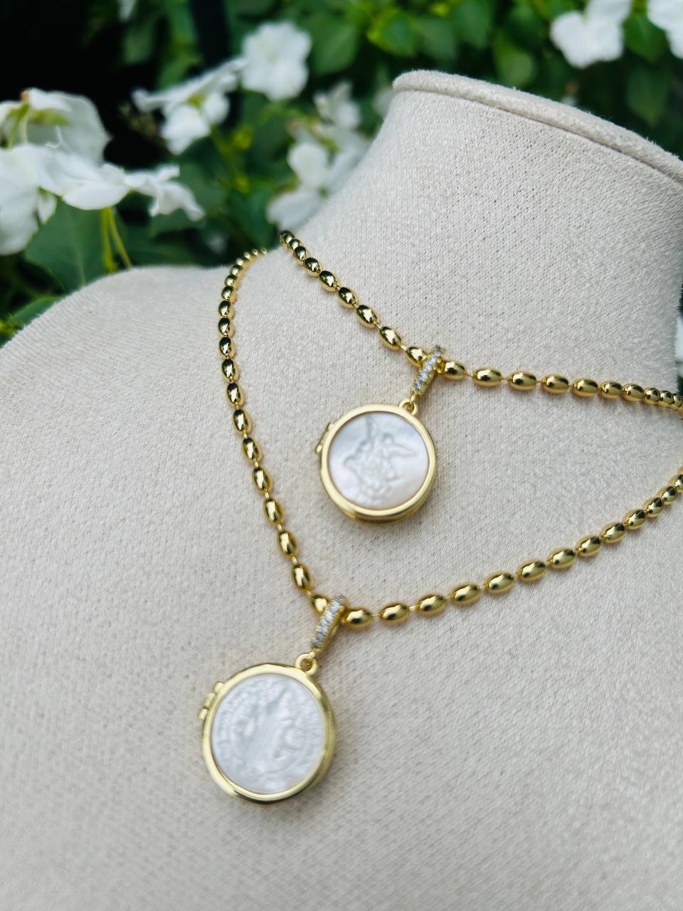 Adjustable Chain Pearl Pendant ft Saint Benedict