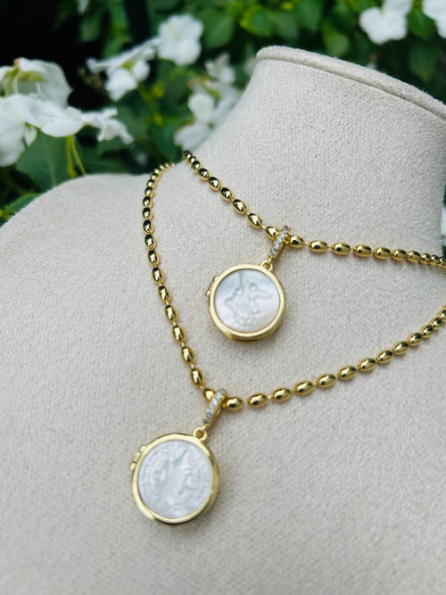 Adjustable Chain Pearl Pendant ft Saint Benedict