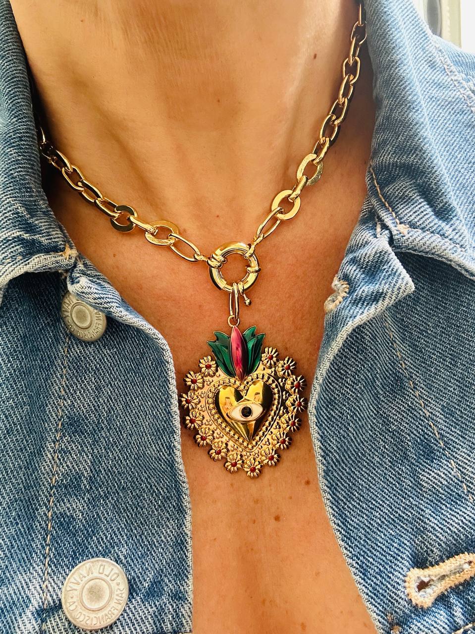 MEDAL HEART | Adjustable rhodium cadena with gruesy eslabones
