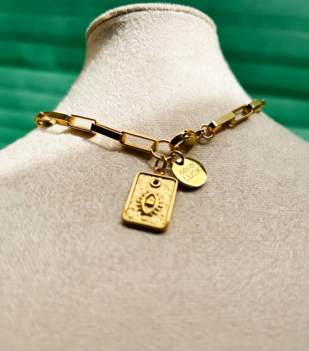 Rhodium-plated chain with thick rectangular links and steel charms