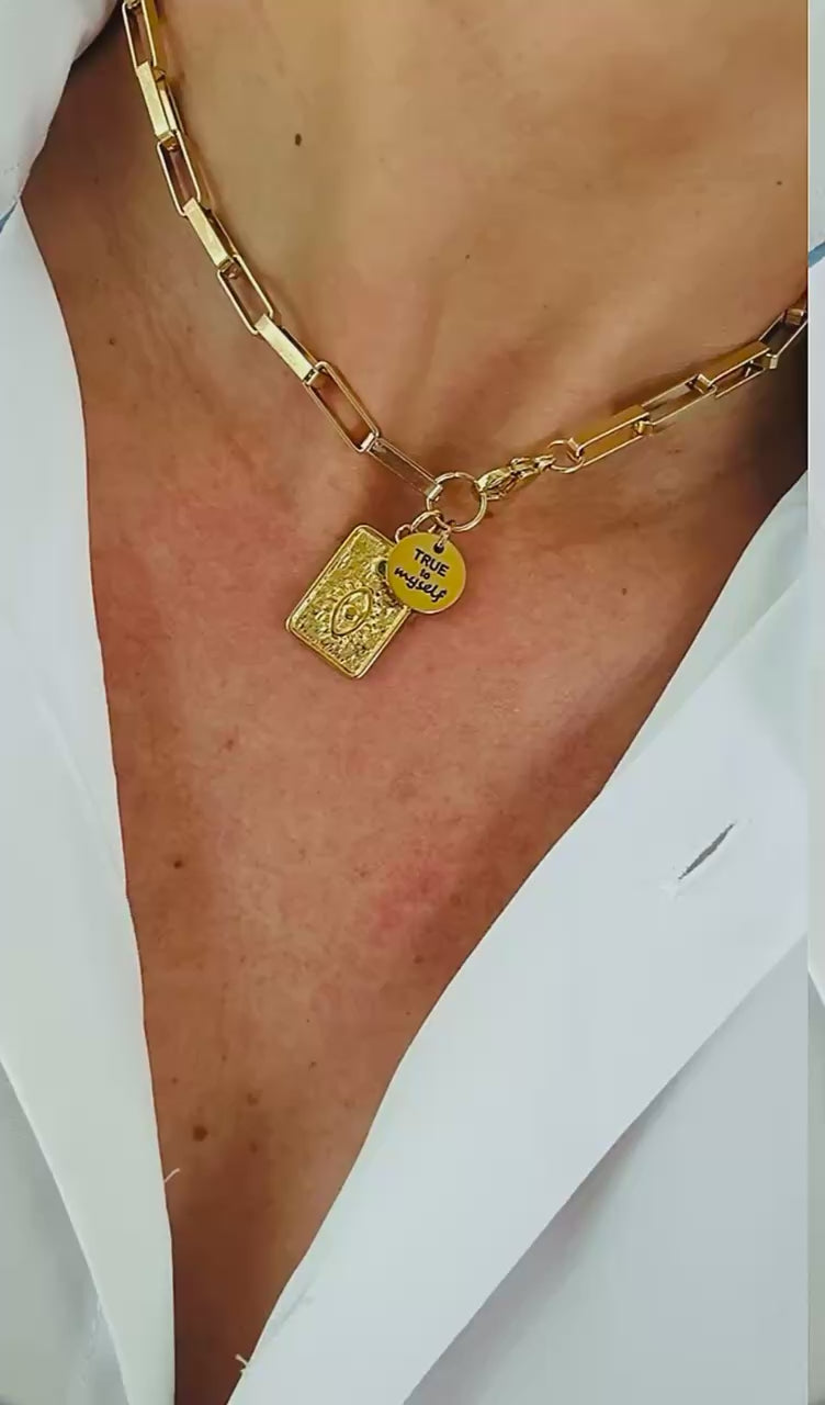 Rhodium-plated chain with thick rectangular links and steel charms